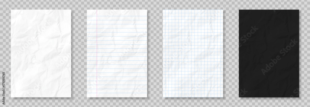 Crumpled paper effect. Sheet from grid and lined notebook. White and black page from sketchbook. Empty paper template or mockup. Realistic vector illustration set on transparent background