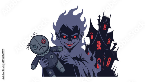 Spooky Night of Halloween: A haunting illustration showcasing a spectral figure with menacing red eyes, clutching a voodoo doll, standing before a sinister haunted house.