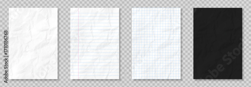 Crumpled paper effect. Sheet from grid and lined notebook. White and black page from sketchbook. Empty paper template or mockup. Realistic vector illustration set on transparent background