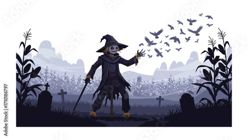 A Mystical Gathering: A lone scarecrow stands defiantly in a moonlit graveyard, a mystical scene of crows taking flight from his grasp, a symbol of mystery and transformation.