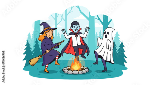 Halloween Dance Around Fire: A playful Halloween scene featuring a spirited witch, a charismatic vampire, and a spectral ghost joyfully dancing around a crackling bonfire.
