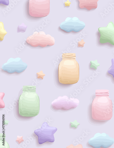 Pastellfarbener Hintergrund mit niedlichen Flaschen und Wolken