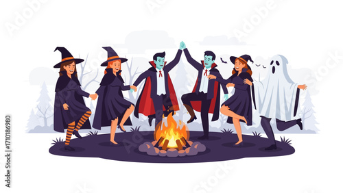 Halloween Gathering: A lively scene unfolds as witches, vampires, and a ghost engage in a spirited dance around a crackling bonfire under a moonlit sky.