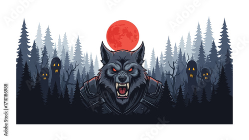 Moonlit Howl: An illustration depicts a fierce wolf bathed in the crimson glow of a full moon, howling in a shadowy, ethereal forest setting, conjuring a sense of primal power.