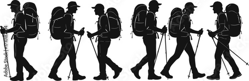 Silhouette of Hikers with Backpacks and Trekking Poles Walking in Line, Outdoor Adventure, Hiking Activity, Nature Exploration Vector Design