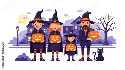 Spirited Halloween Family: A delightful illustration captures a family, each member adorned in festive witch attire, brandishing carved pumpkin lanterns and ready for a spirited Halloween night out. 