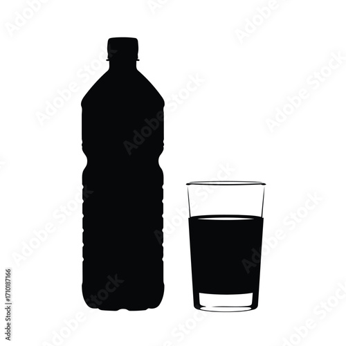 Vector art of silhouette of a bottle and a glass, showcasing a simple yet elegant composition of everyday objects in monochrome