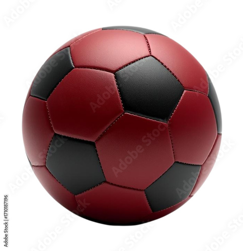 Red and black soccer ball isolated on transparent background PNG, created with Generative AI.