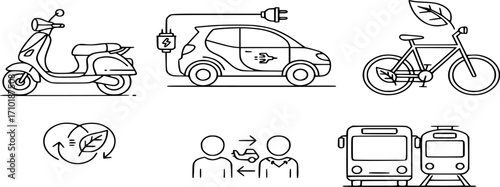 Electric and Sustainable Transportation line Icon set. Vector Illustration of Eco-Friendly Travel, Featuring Scooter, Car, Bike, Ride-Sharing, and Public Transit Symbols in Outline styl