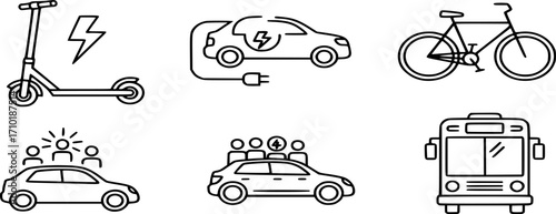 Electric and Sustainable Transportation line Icon set. Vector Illustration of Eco-Friendly Travel, Featuring Scooter, Car, Bike, Ride-Sharing, and Public Transit Symbols in Outline styl