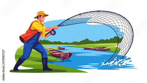Fisherman casting Net: Capturing the essence of the age-old practice of fishing, A man diligently casts his net into a serene lake, in search of his next catch. the embodiment of a timeless tradition.