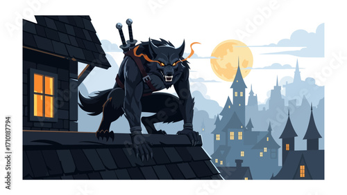 A Werewolf Stalking: A fierce werewolf crouches on a rooftop with a medieval castle background. Its illuminated eyes pierce through the night, creating a blend of fantasy and thrilling adventure.