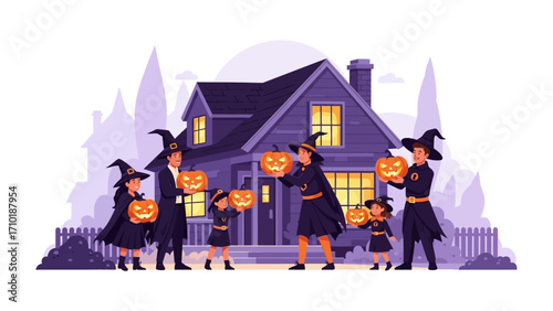 Spooky Halloween Gathering: A festive Halloween scene unfolds with a family, all in witch costumes, presenting carved pumpkin lanterns in front of a whimsical house.