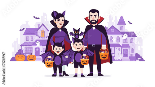 Spooktacular Family Halloween: A family embraces the thrill of Halloween night, adorned in costumes, with pumpkins and a house set the stage for a festive adventure.