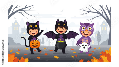 Halloween Thrill: A trio of costumed children, adorned in bat, cat, and owl attire, embark on a spirited trick-or-treating adventure amidst a spooky autumnal scene. 