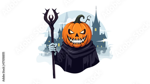 Spooky Jack O'Lantern: A menacing jack-o'-lantern stands against a foreboding background, evoking the chilling spirit of Halloween with its ghoulish expression and staff. 