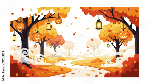 Halloween Autumnal Scene: A vibrant autumnal scene, featuring Jack-o'-lanterns and charming lanterns amidst golden foliage, evokes the whimsical spirit of Halloween and the serene beauty of fall.