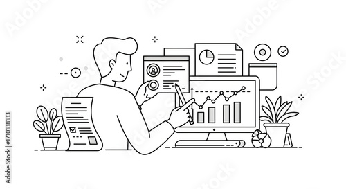 A person sitting at a desk with a laptop and a pen for business presentation, website design, technology blog, or digital marketing