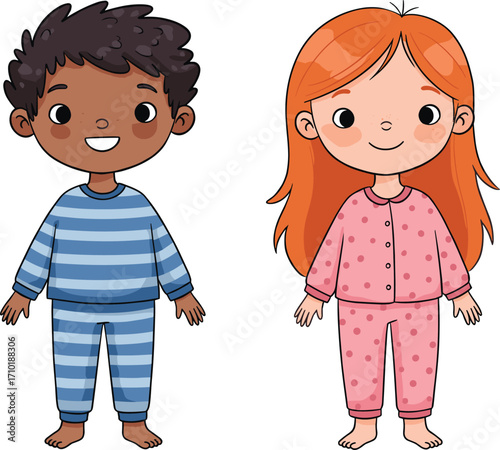Diverse cartoon children, pajamas illustration, smiling kids, bedtime theme, cute characters, sleepwear, playful pose, morning routine, cheerful, barefoot, colorful, happy