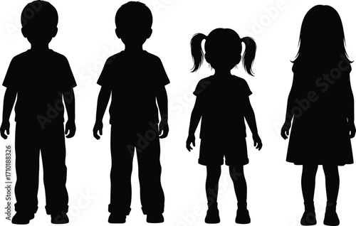 Silhouette Vector Illustration of Standing Children, Boys and Girls, for School, Childhood, Education, Family, and Youth Design Concepts