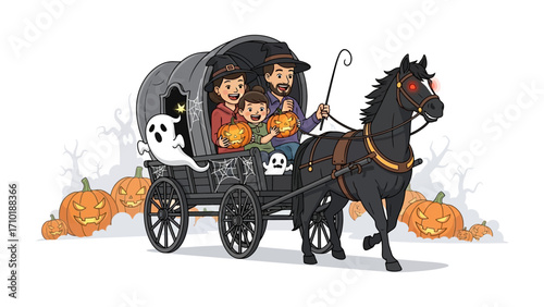 Halloween Wagon Ride: A vibrant and whimsical illustration of a family enjoying a spooky Halloween carriage ride, complete with pumpkins, ghosts, and a ghostly carriage.