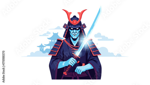Samurai with sword: A stoic samurai, donned in traditional attire, grips a gleaming sword against the backdrop of classic architectural structures, a testament to the unwavering spirit of a warrior.