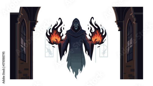 Mysterious Spirit: A spectral figure, cloaked in darkness, wields fiery power, set against an architectural backdrop.