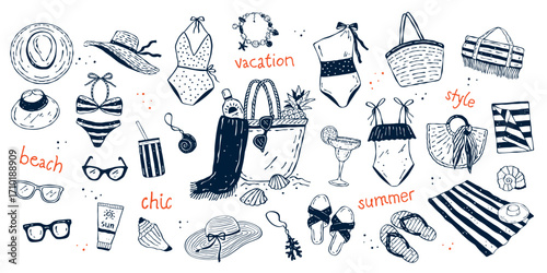 Hand-drawn doodle vector set of beach fashion and vacation accessories: bikinis, hats, sunglasses, sandals, bags, towels, mats, jewelry, cocktails, seashells