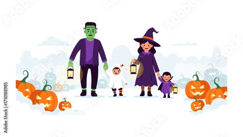 Halloween Family Costume: Illustration depicts a family dressed in Halloween costumes, exuding warmth and togetherness amid a backdrop of illuminated pumpkins and an eerie ambiance.