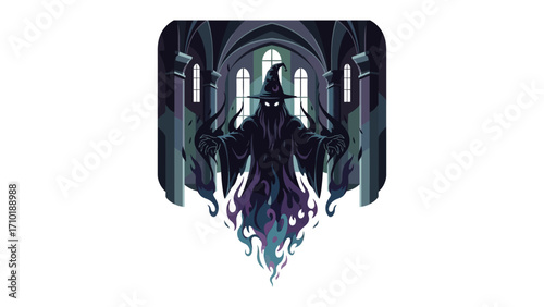 Mysterious Sorcerer's Lair: A shadowy sorcerer in a pointed hat stands in a gothic archway, emanating an aura of mystery and power, creating a scene that captivates and intrigues the viewer. 