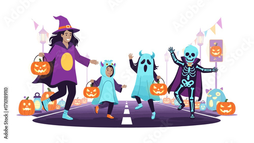 Happy Halloween: A group of children, costumed and filled with glee, stride down a playfully decorated street in a spirited Halloween scene, collecting treats and embodying the magic of the season.