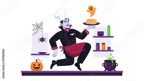 Vampire Chef's Halloween Feast: A comical cartoon illustration captures a vampire chef playfully preparing for a Halloween celebration, serving up festive pancakes.