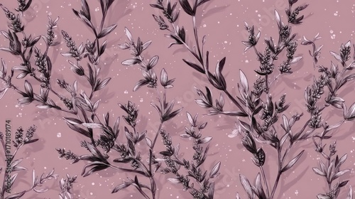 Elegant botanical pattern with silver branches and leaves on a light pink background, creating a sophisticated and delicate design