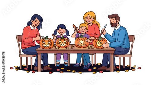 Halloween Family Pumpkin Carving: A warm, cozy scene of a family engaging in the tradition of carving pumpkins, set against a autumnal backdrop of falling leaves.