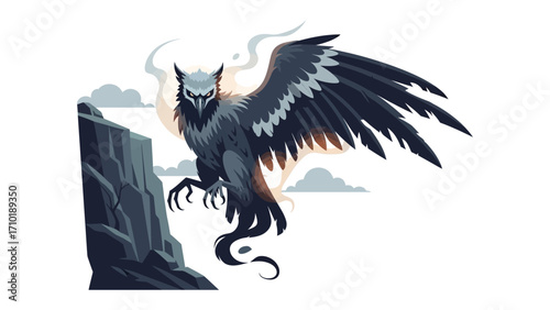 Griffin with Wings Spreading: A captivating griffin illustration, with powerful spread wings and intense gaze, perched on a cliff's edge, emanating an aura of fantasy, strength, and freedom. 
