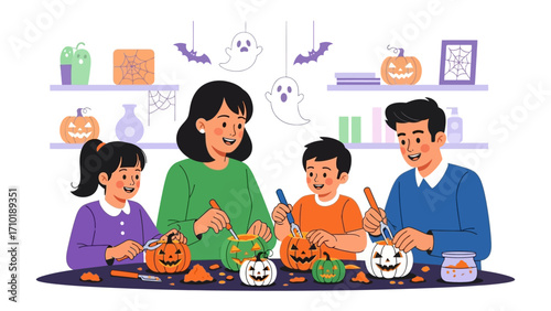 Happy Family Crafting Halloween Spirit: A cheerful family works together, carving pumpkins, with festive decorations, creating spooky and joyful Halloween memories and traditions.