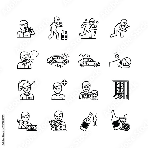 Vector art of a collection of icons depicting the negative consequences and risks associated with alcohol consumption