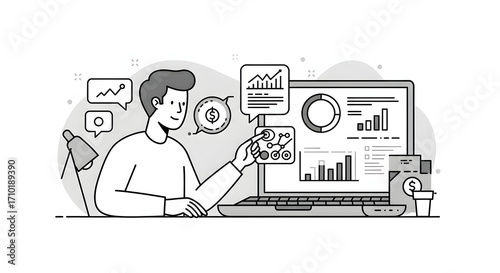 A man looking at a laptop screen with graphs on it for business presentation, website design, technology blog, or digital marketing