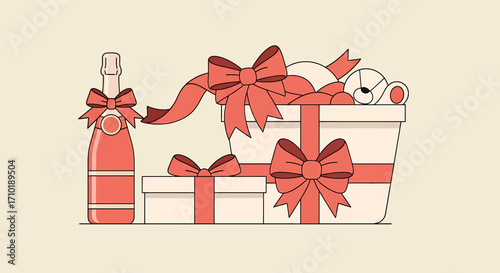 A festive arrangement of gifts, including a bottle of champagne and gift boxes adorned with large red bows, presented against a neutral background.