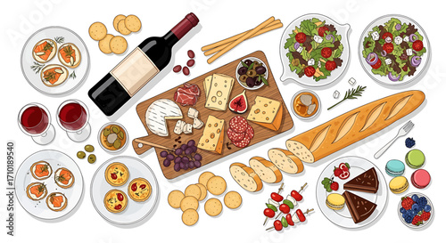 An overhead view of a lavish picnic spread featuring a cheese board, wine, baguettes, salads, appetizers, and desserts.