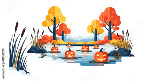 Autumnal Pumpkin Patch on Lake: A whimsical illustration showcases a scenic lake dotted with illuminated pumpkins, nestled among vibrant autumn trees.