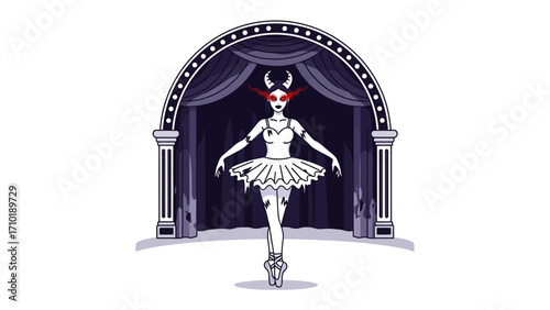 Dark Ballerina: A mystical ballet dancer takes center stage, illuminated by the stage lights in a detailed illustration, with a unique blend of grace and mystique.