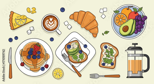Overhead view of a delicious breakfast spread featuring various food items and beverages.