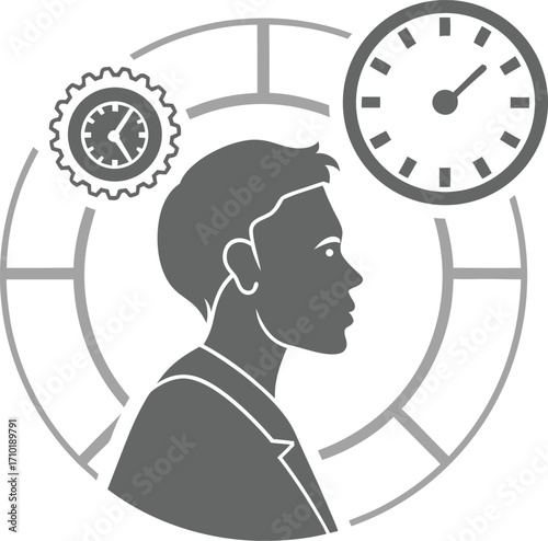 businessman time management concept with clock and gear icons.