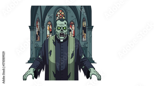 Zombie Priest: A terrifying illustration of a reanimated priest, his decaying flesh and eerie gaze conveying a haunting sense of dread and the undead. Set against the backdrop of a spooky church.