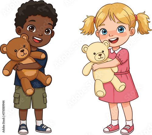 Happy boy and girl holding teddy bears, cute kids hugging plush toys, adorable children smiling, cartoon vector illustration, childhood joy