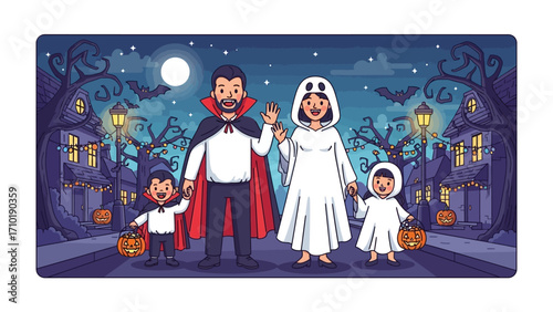 Family Halloween Night: A festive family, dressed in a vampire, ghost, and kid's costume, stands together in front of their house celebrating the spookiness of All Hallow's Eve.
