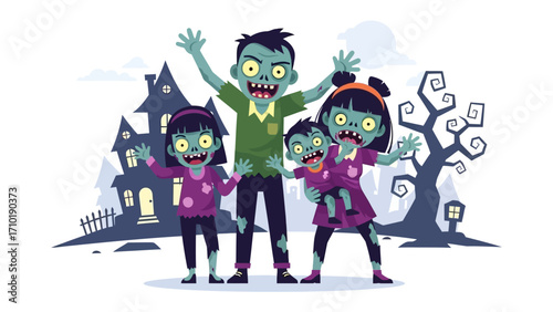 Zombie Family in front of haunted house: A lively zombie family with their undead children gleefully raises their arms against the backdrop of a foreboding haunted house on a spooky Halloween night.