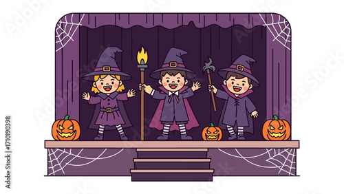 Halloween Play: Three children, dressed in festive costumes, perform on a stage adorned with spooky decorations, embodying the spirit of Halloween with joyful expression.