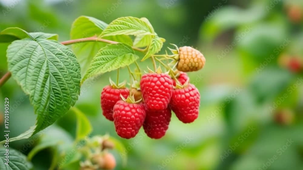 A cluster of ripe red raspberries hanging from a green leafy branch in a garden. A cluster of ripe red raspberries hanging from a green leafy branch in a garden.